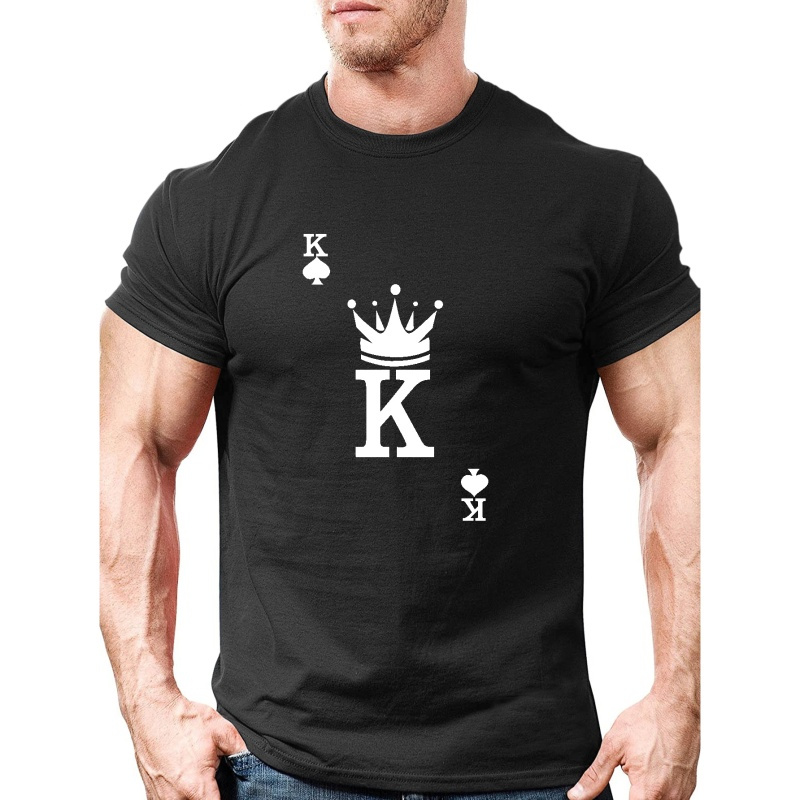 

Plus Size King Print Men's Trendy Short Sleeve T-shirts, Comfy Casual Breathable Tops For Men's Fitness Training, Jogging, Outdoor Activities
