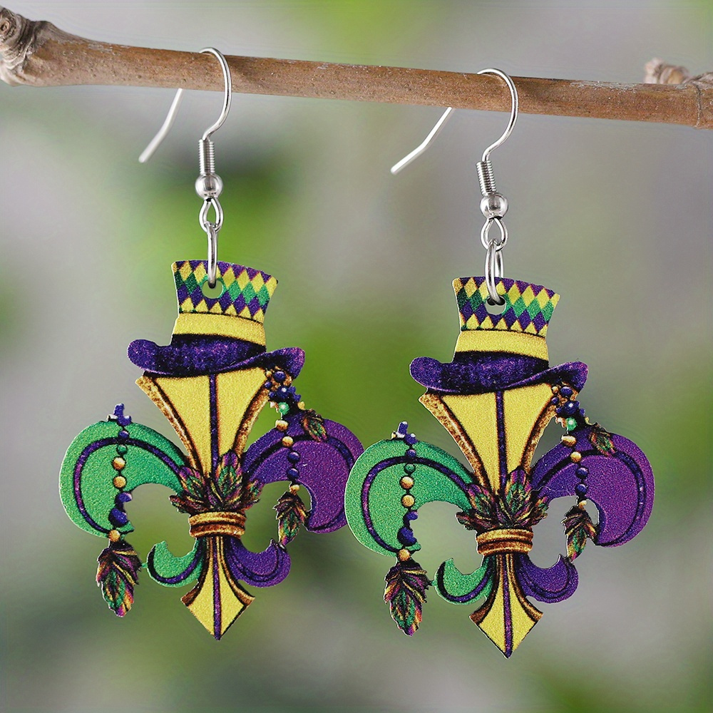 

1 Pair Mardi Gras Wooden Drop Earrings For Women, Vintage Purple Yellow Dangle Earrings, Stainless Steel Hooks, Double-sided Party Jewelry, Celebration Accessory, Earrings