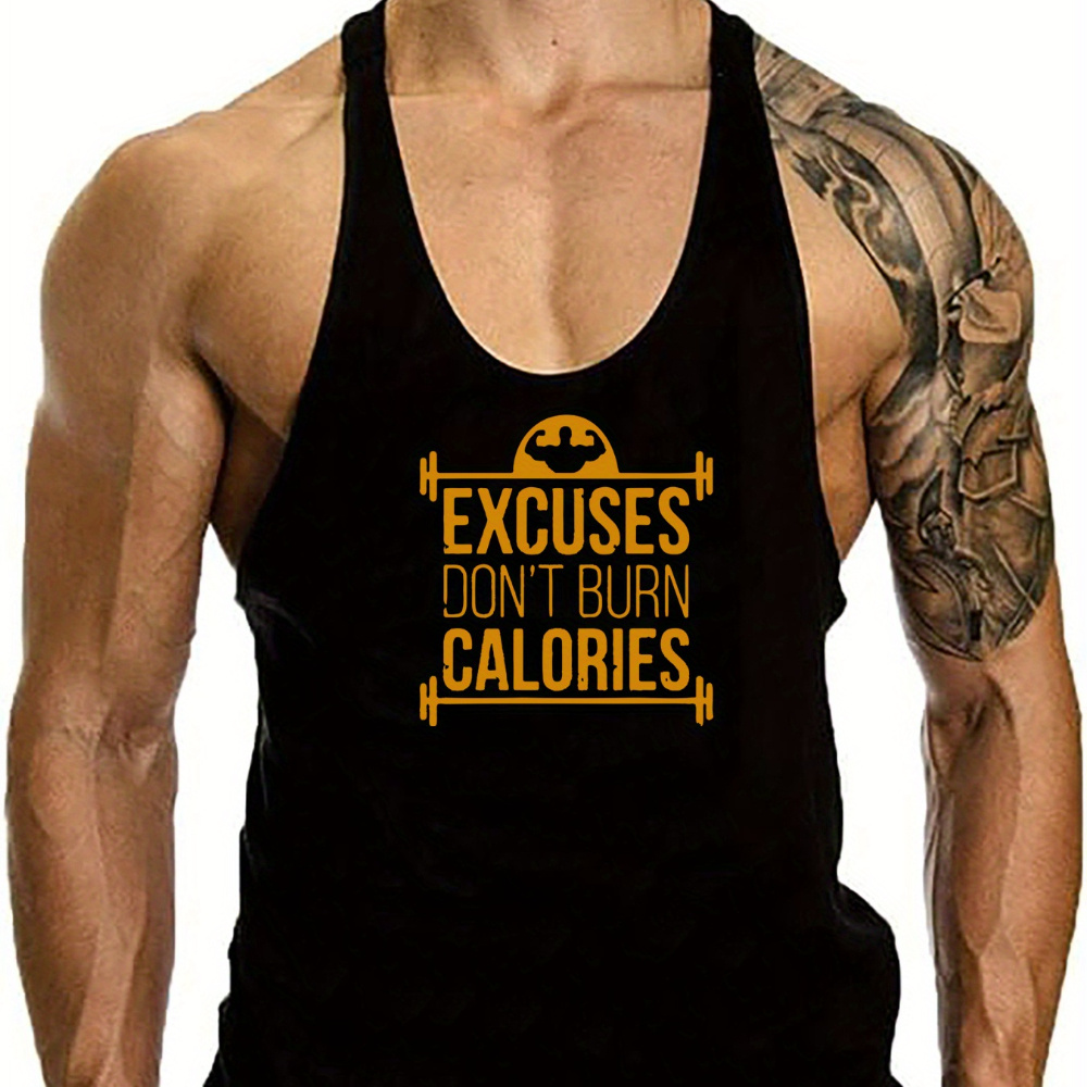 

Excuses Don't Burn Calories And Barbells Graphic Print, Men's Creative Design Tank Top, Casual Comfy Sleeveless Shirt For Men, Men's Sporty Breathable Clothing Top For Gym Training Workout, For Summer