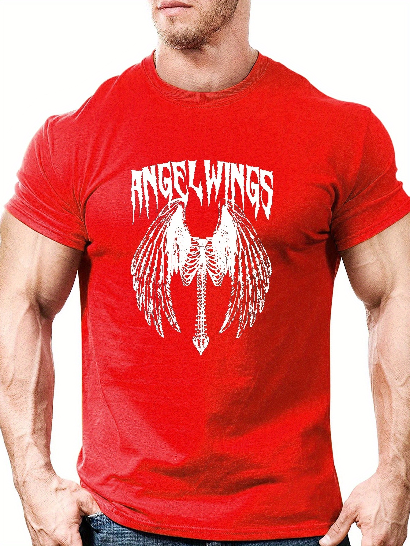 Angel Wings Print Long Sleeve T-shirts for Men, Plus Size Stretchy Graphic Tees for Summer Casual Daily Style,Casual,Temu