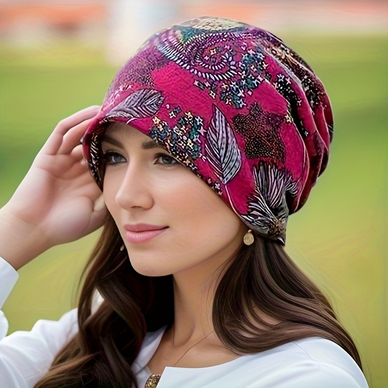 

Vintage Flower Print Slouchy Beanie Boho Neck Gaiter Elastic Cap Lightweight Breathable Beanies Classic Chemo Cap For Women