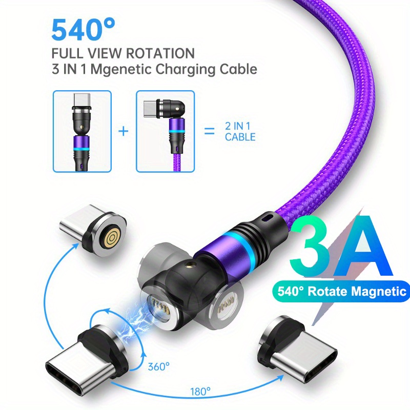 

540° Rotation Magnetic Charging Cable, 3a Fast Charging Usb Type-c Cable Support Data Transfer Usb Magnet For Xiaomi Samsung Magnet Charger Phone Data Cord Wire Type C Device 3m 2m 1m