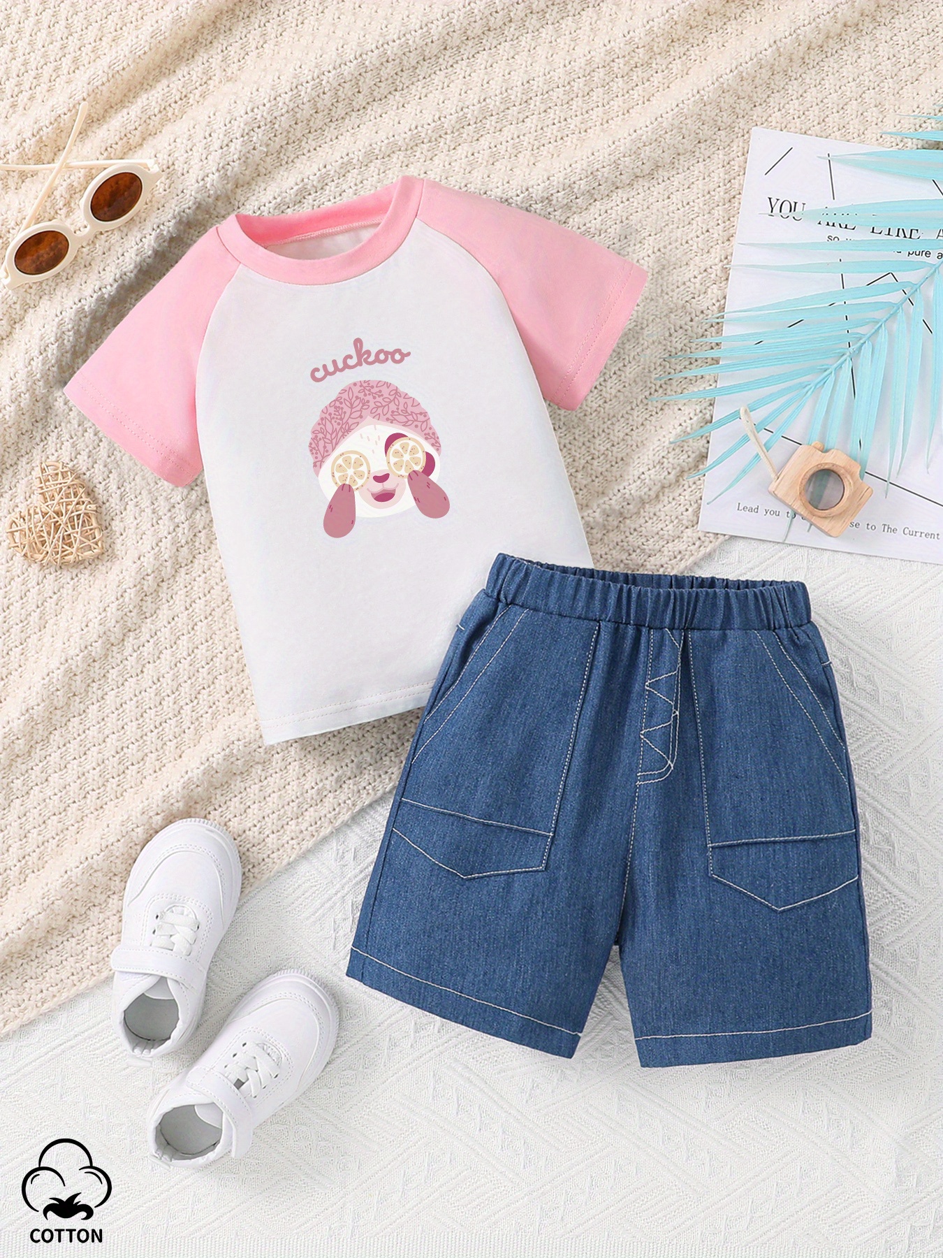 女の子のコットン衣装セット パンダ柄の半袖クルーネックTシャツと 