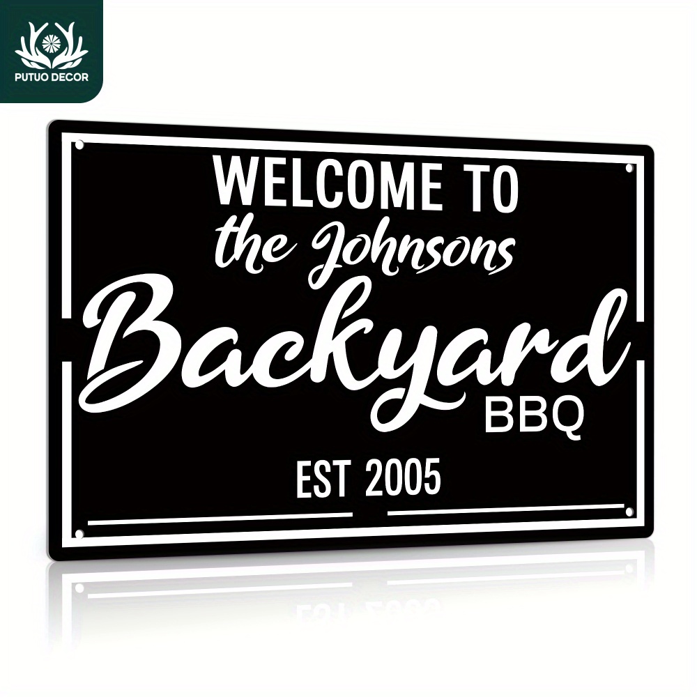 

1pc, Custom Metal Tin Sign, Welcome To Your Text Backyard Bbq Est 2005, Personalized Plaque Vintage Plate Wall Art Decoration For Home Farmhouse Garden Backyard, 12x8 Inches Gifts For Friend Family