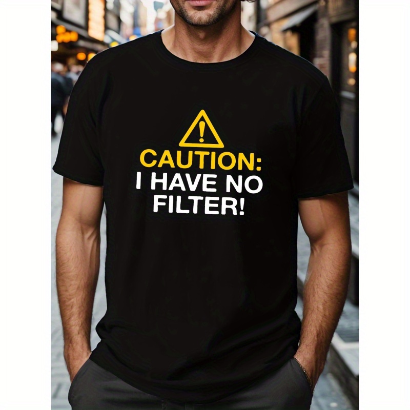 

Plus Size "caution" Print T-shirt, Men's Casual Street Style Stretch Round Neck Tee Shirt, Men's Clothing