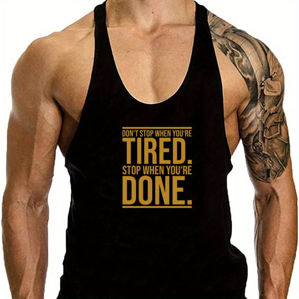 

Tired Done Print, Men's Creative Design Tank Top, Casual Comfy Sleeveless Shirt For Men, Men's Sporty Breathable Clothing Top For Gym Training Workout, For Summer