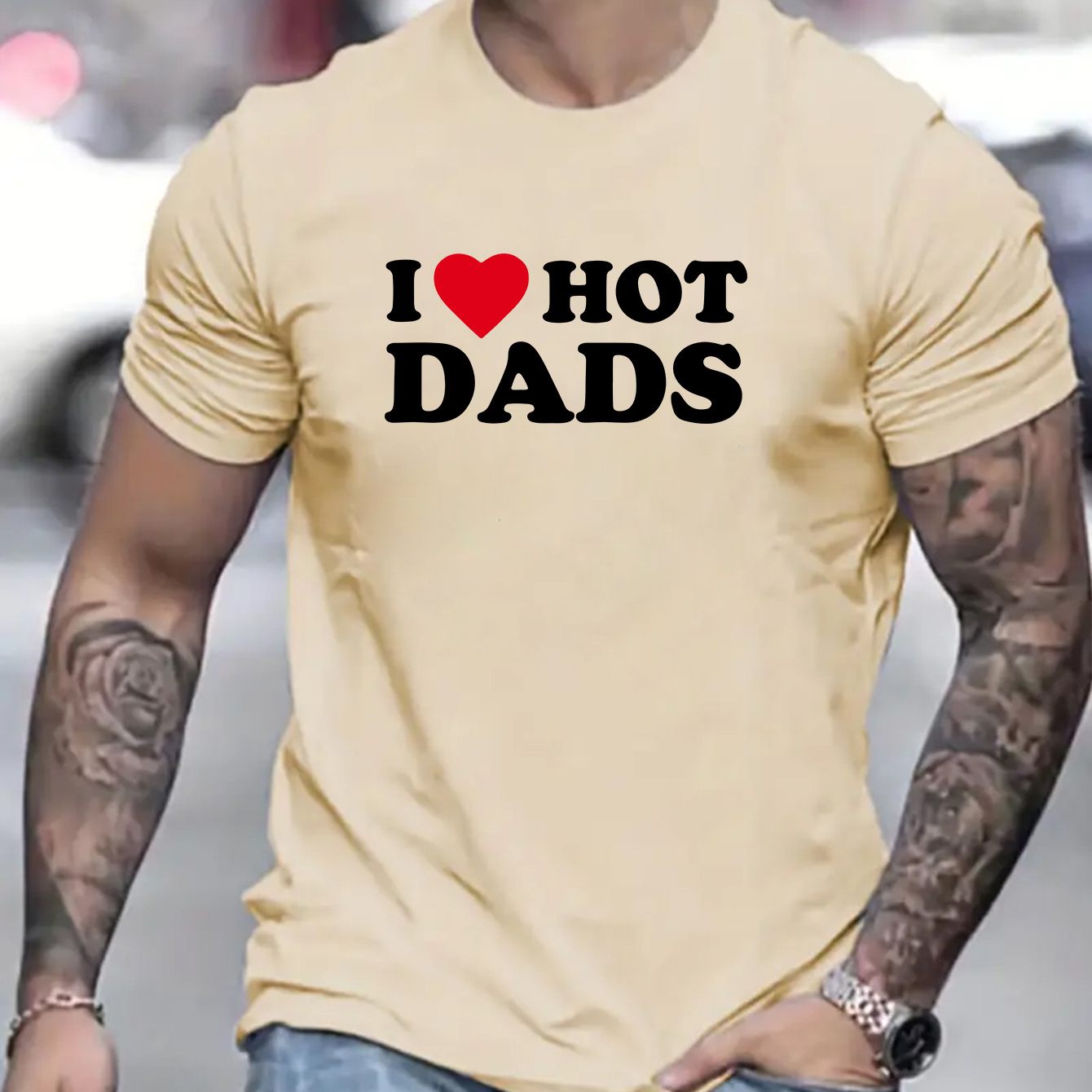 

Father's Day I Love Hot Dads Print Men's Trendy Street Style T-shirts, Casual Graphic Tee, Short Sleeve Round Neck Sports Tops, Men's Clothing For Outdoor Activities Summer