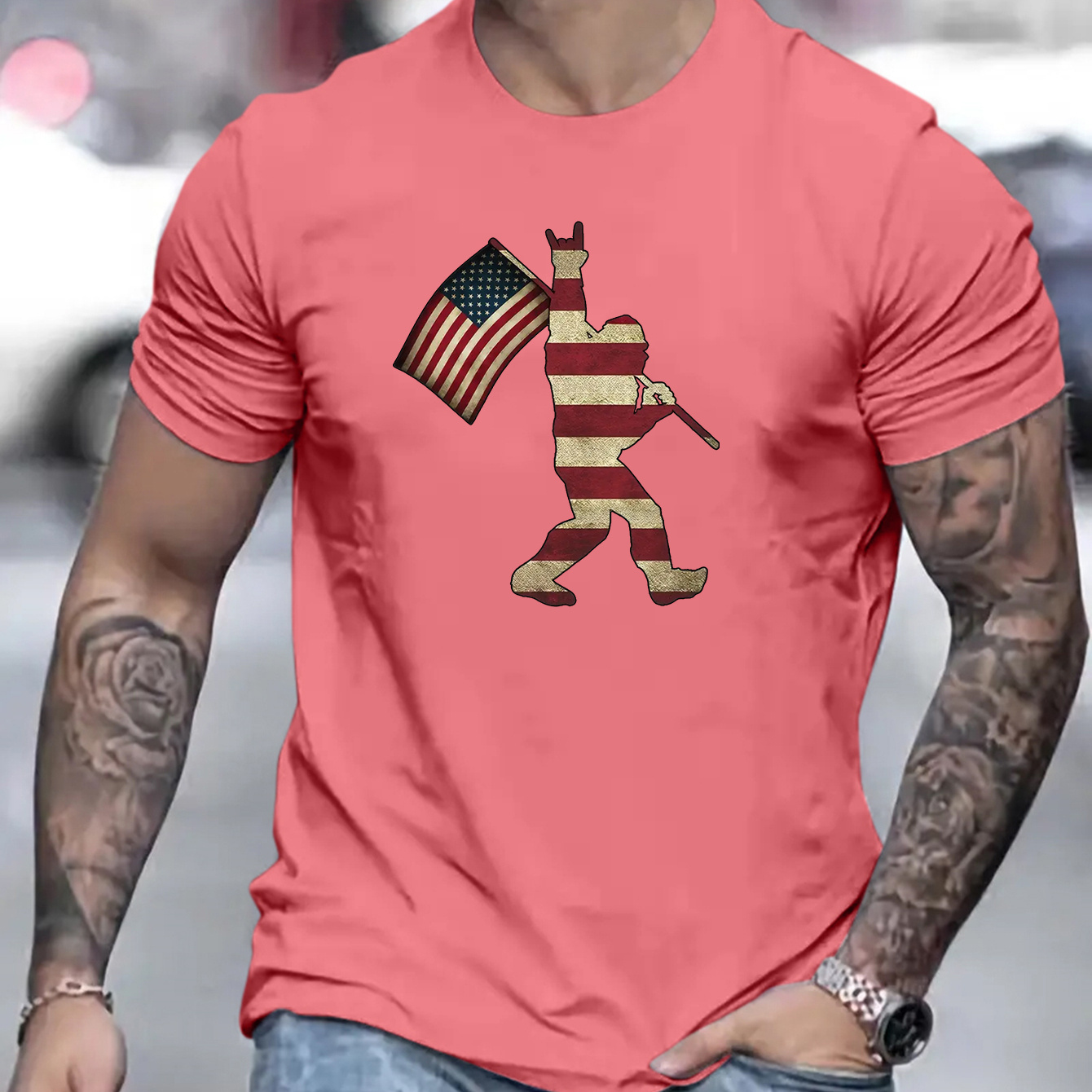 

Usa Flag Print Men's Trendy Street Style T-shirts, Casual Graphic Tee, Short Sleeve Round Neck Sports Tops, Men's Clothing For Outdoor Activities Summer
