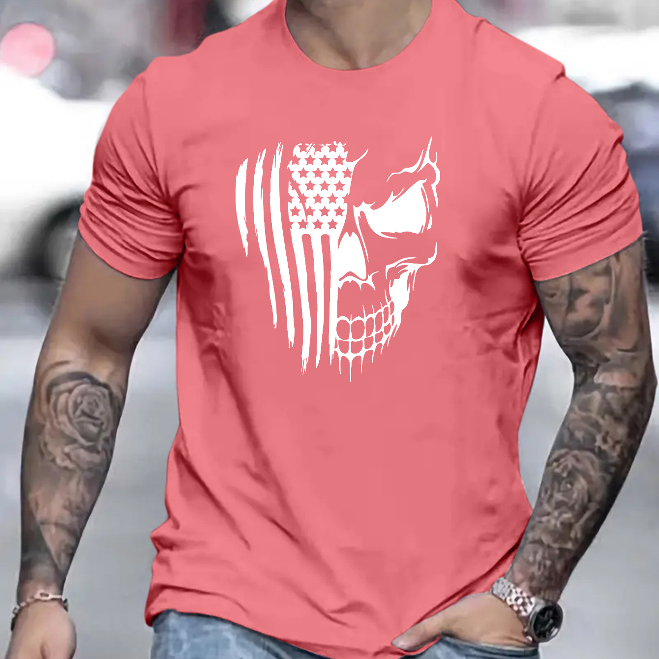 

Skull Usa Flag Print Men's Trendy Street Style T-shirts, Casual Graphic Tee, Short Sleeve Round Neck Sports Tops, Men's Clothing For Outdoor Activities Summer