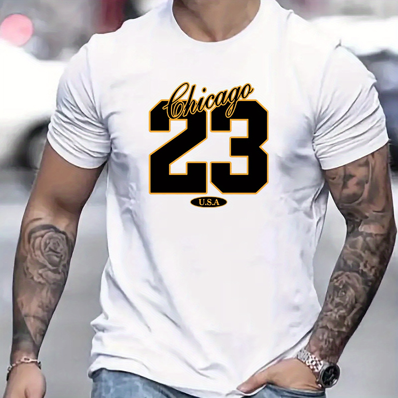 

Chicago 23 Print Men's Trendy Street Style T-shirts, Casual Graphic Tee, Short Sleeve Round Neck Sports Tops, Men's Clothing For Outdoor Activities Summer