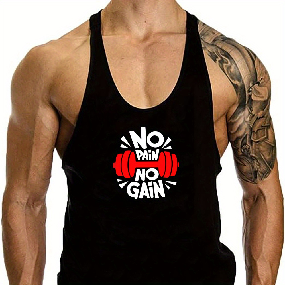 

No Pain No Gain And Anime Dumbbell Graphic Print, Men's Creative Design Tank Top, Casual Comfy Sleeveless Shirt For Men, Men's Sporty Breathable Clothing Top For Gym Training Workout, For Summer