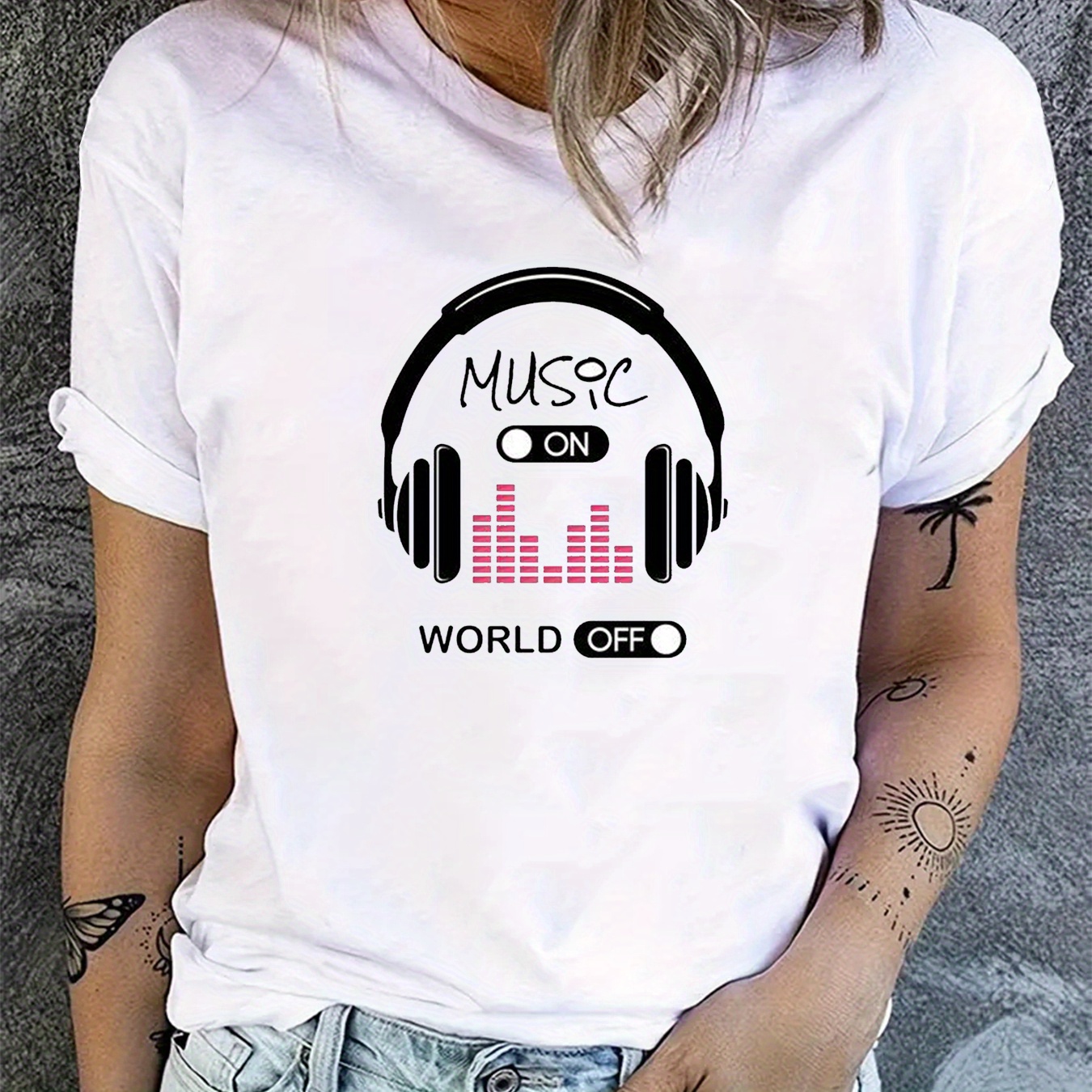 

Music Print T-shirt, Casual Crew Neck Short Sleeve Top For Spring & Summer, Women's Clothing