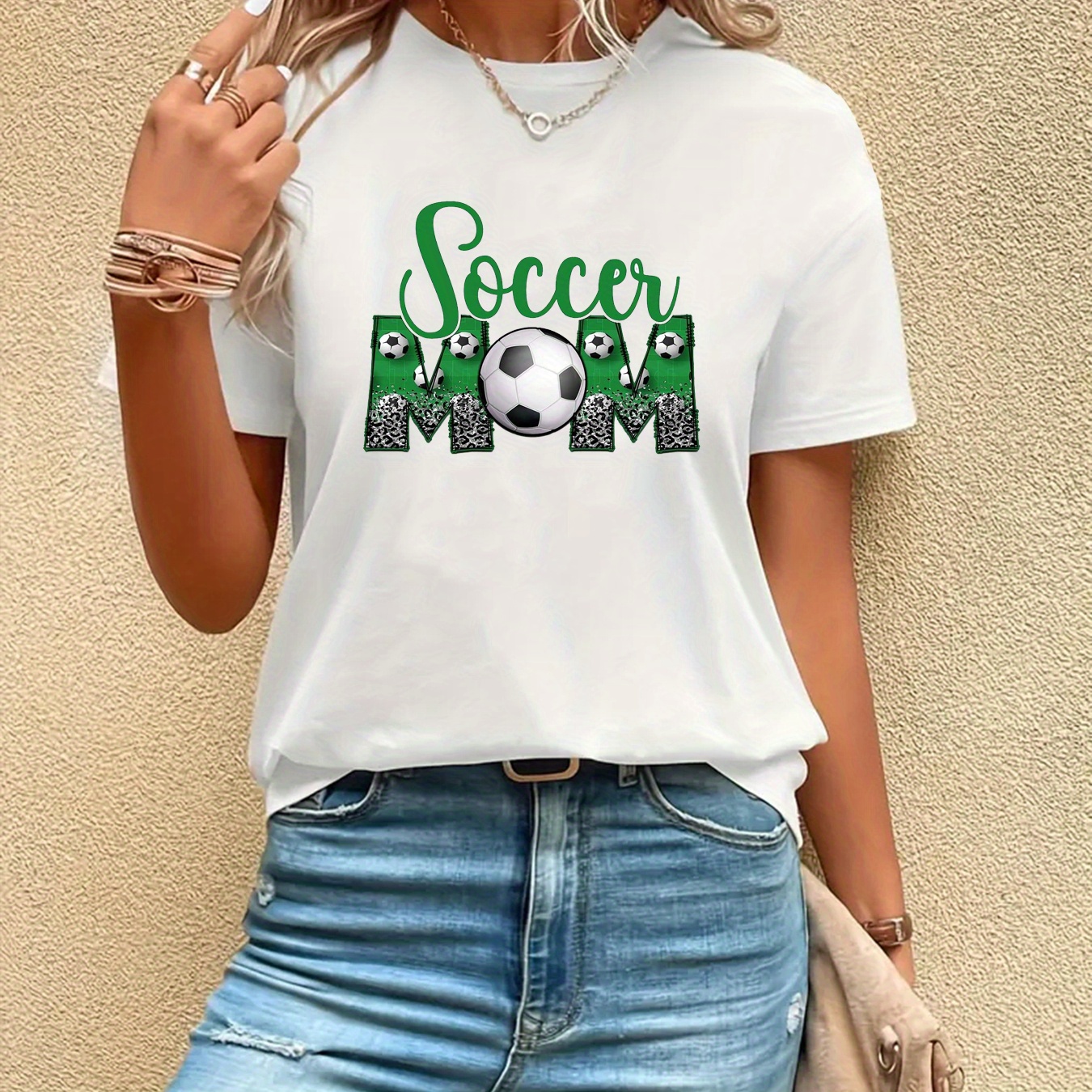 

Soccor Mom Print T-shirt, Casual Crew Neck Short Sleeve Top For Spring & Summer, Women's Clothing