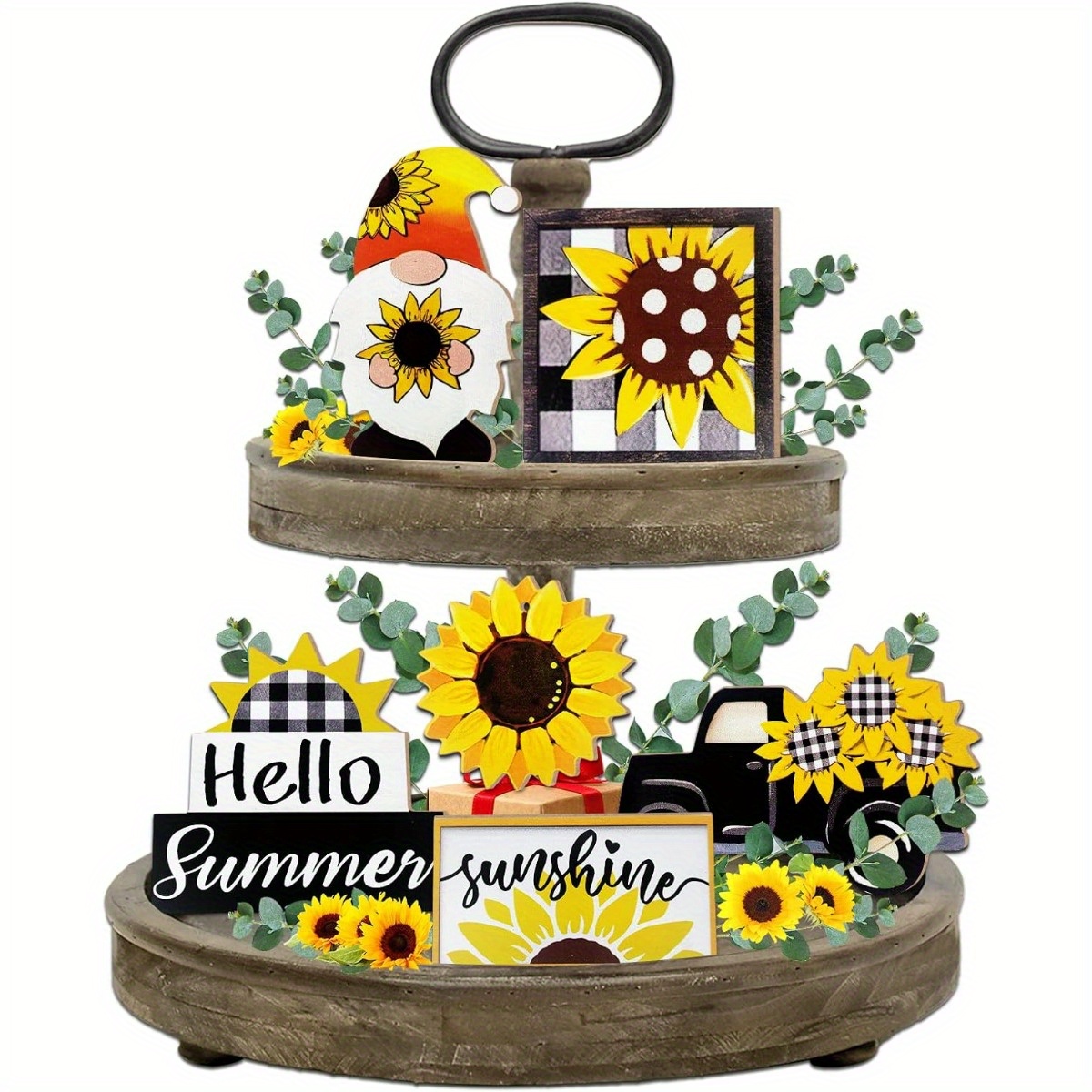 

1 Set Sunflower Tiered Tray Decor, Wooden Hello Truck Signs, Rustic Home Tabletop Fireplace Office Party Decorations, Multipurpose, No Electricity Needed