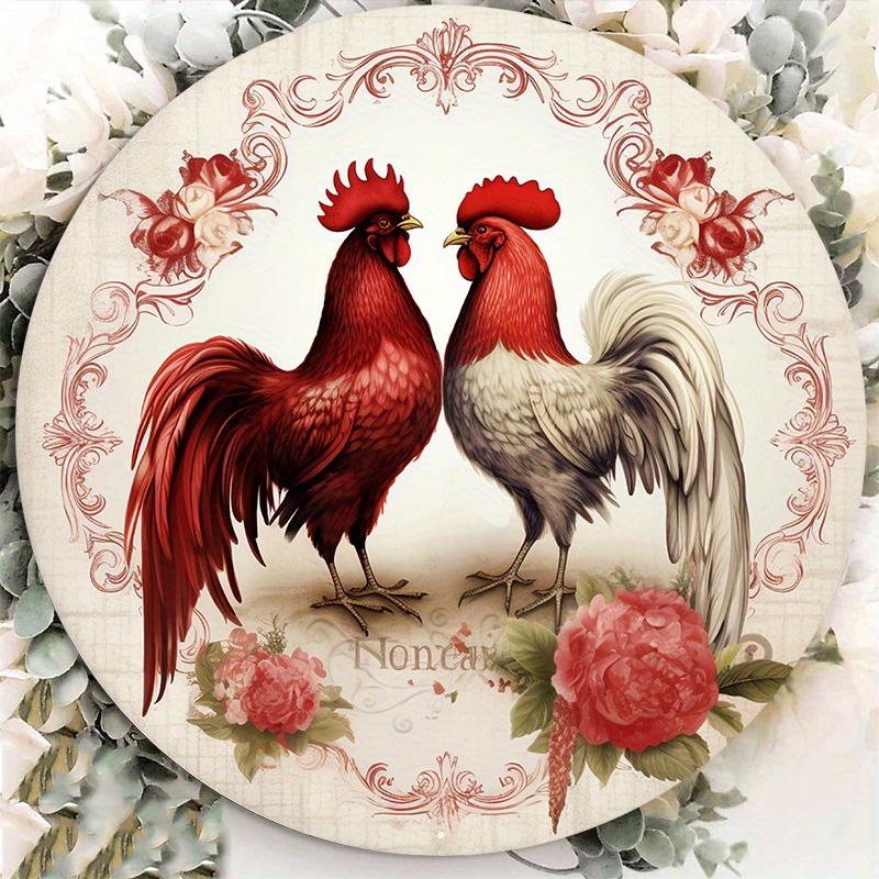 

1pc 8x8inch Aluminum Metal Sign, Chicken Welcomes Valentine's Day, Circular Wreath Sign, Home Club Tavern Decoration Hanging Picture Sign