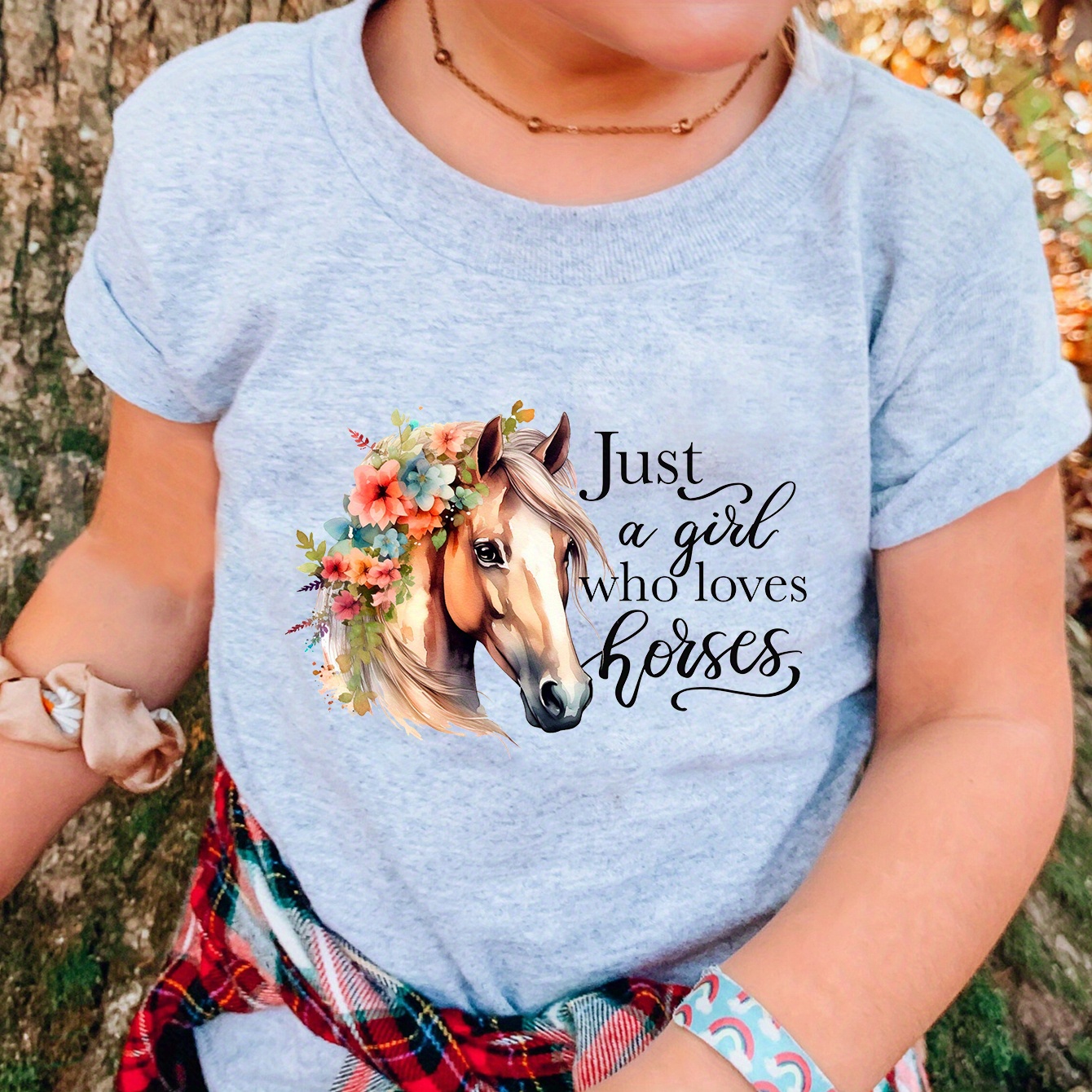 

Horse Pattern Print Crew Neck Short Sleeve T-shirt, Girls Kids Casual Pullover Tops For Spring Summer Autumn