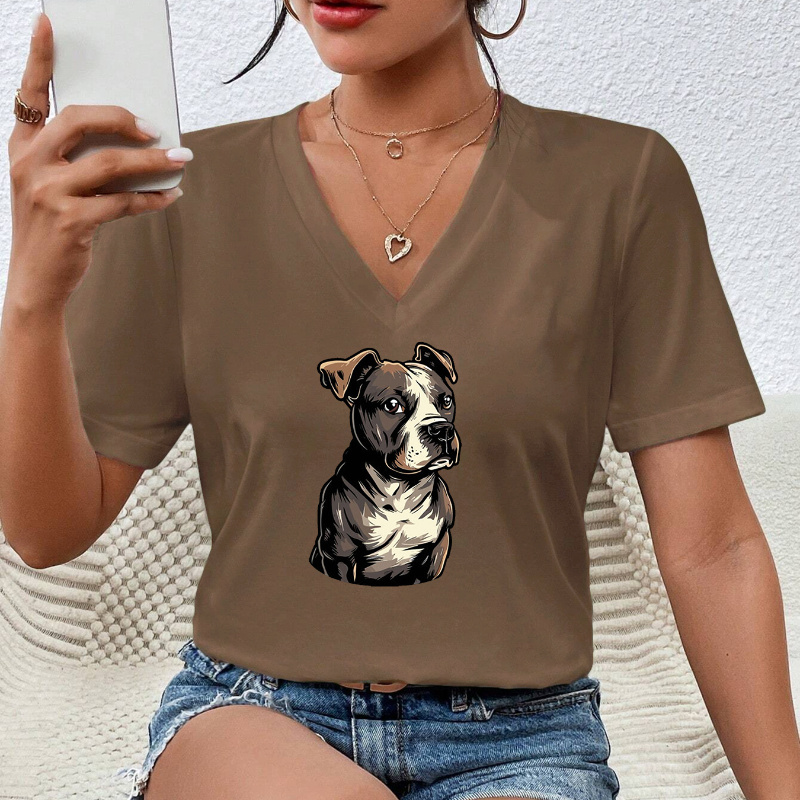 

Dog Print Casual T-shirt, V Neck Short Sleeves Stretchy Sports Tee, Women's Comfy Tops