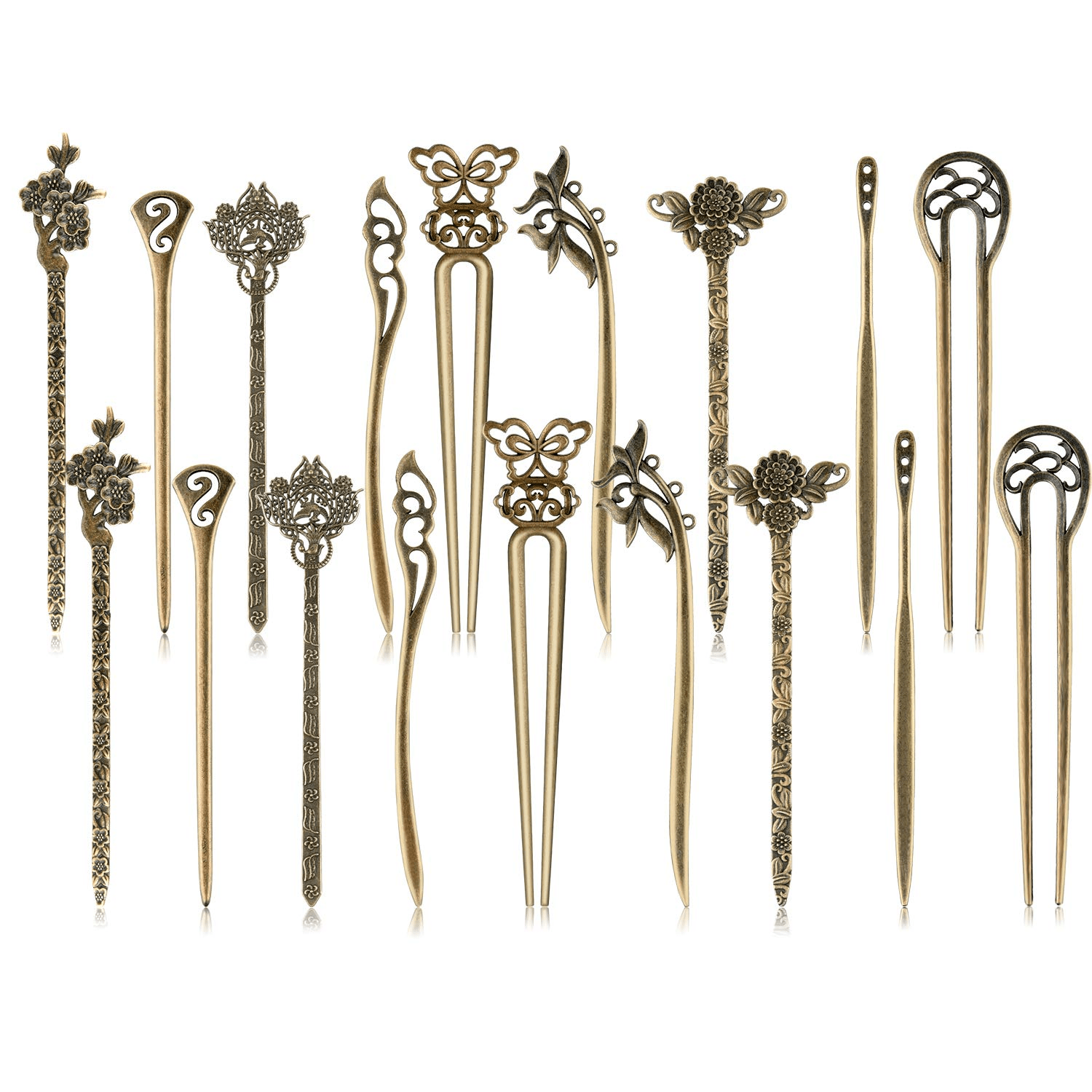 

18pcs/pack Retro Chinese Style Hairpin Boho Hair Stick Traditional Hair Chopstick Hair Accessories (9 Patterns) (bronze Color)