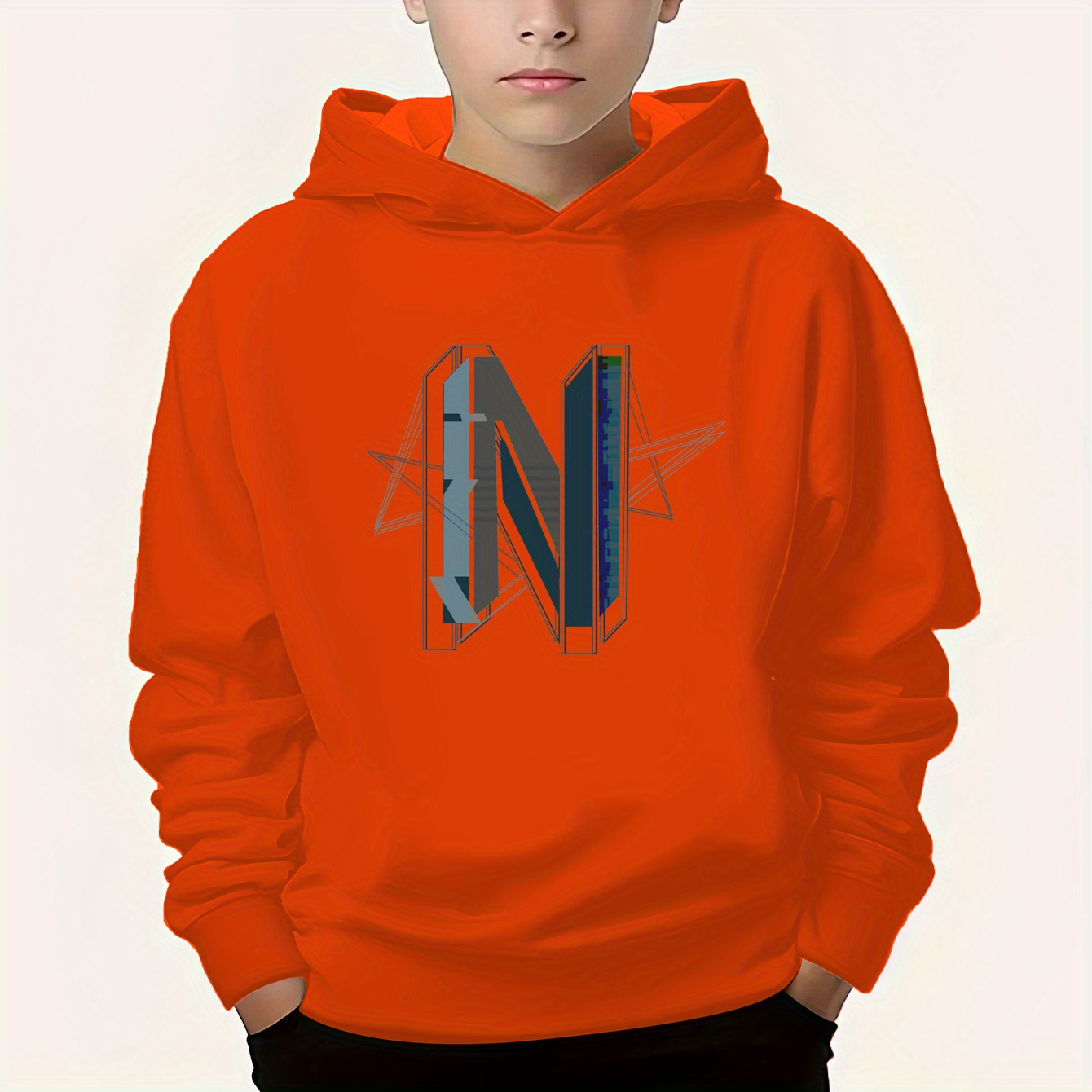 

Letter N Print Boy's Casual Hoodie Long Sleeve Comfy Loose Hooded Sweatshirt For Winter Fall