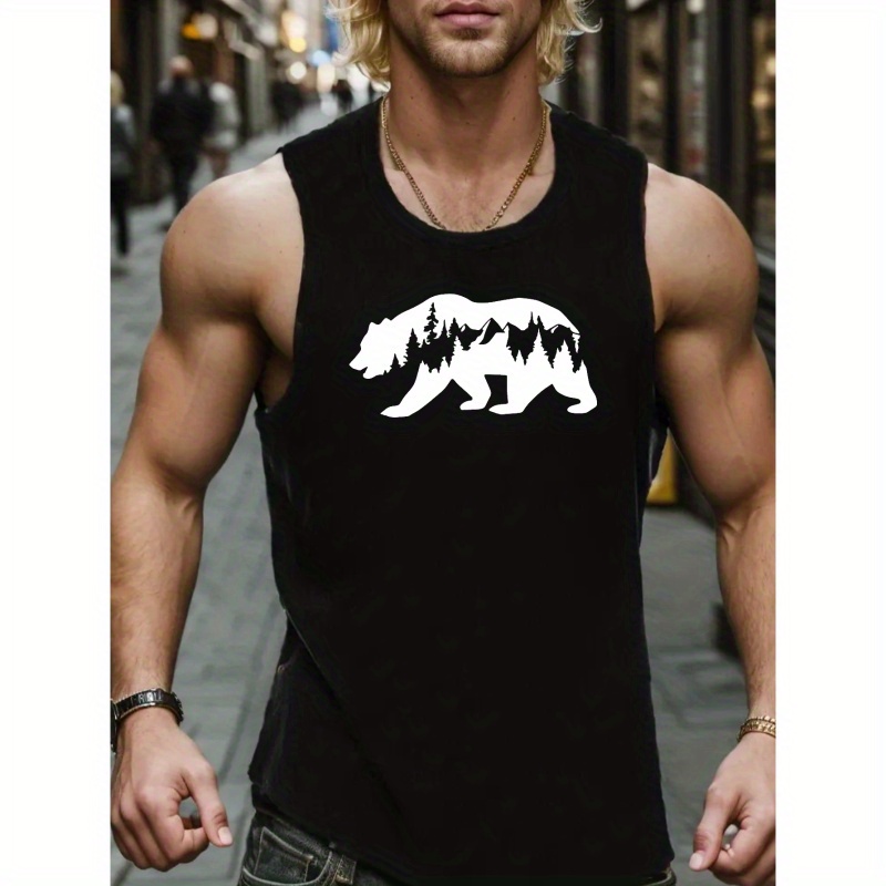 

Bear Print Sleeveless Tank Top, Men's Active Undershirts For Workout At The Gym