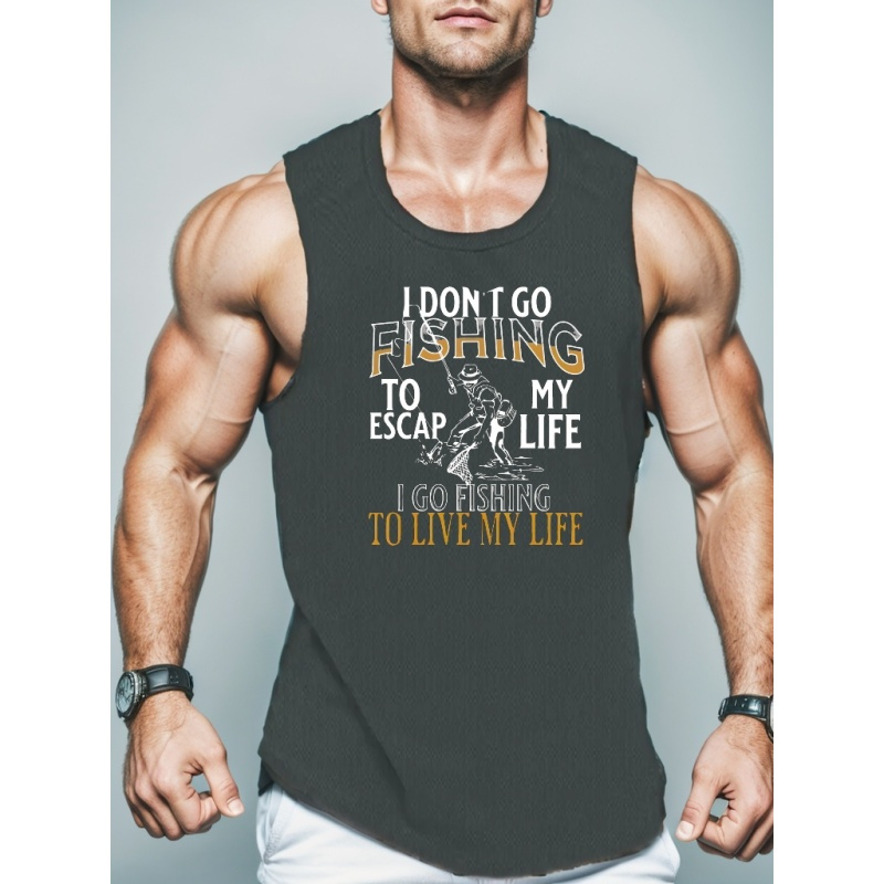 

Fishing To Live My Life Print Sleeveless Tank Top, Men's Active Undershirts For Workout At The Gym