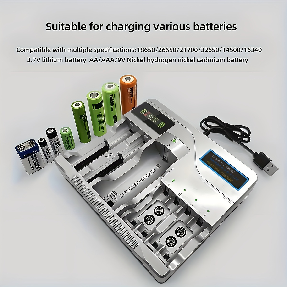 

Universal Smart Battery Charger With Usb Port And Lcd Display - Charges Aa, Aaa, 18650, 16340, 14500, 21700, 26650, 32650, And 9v Rechargeable Batteries - (batteries Not Included)