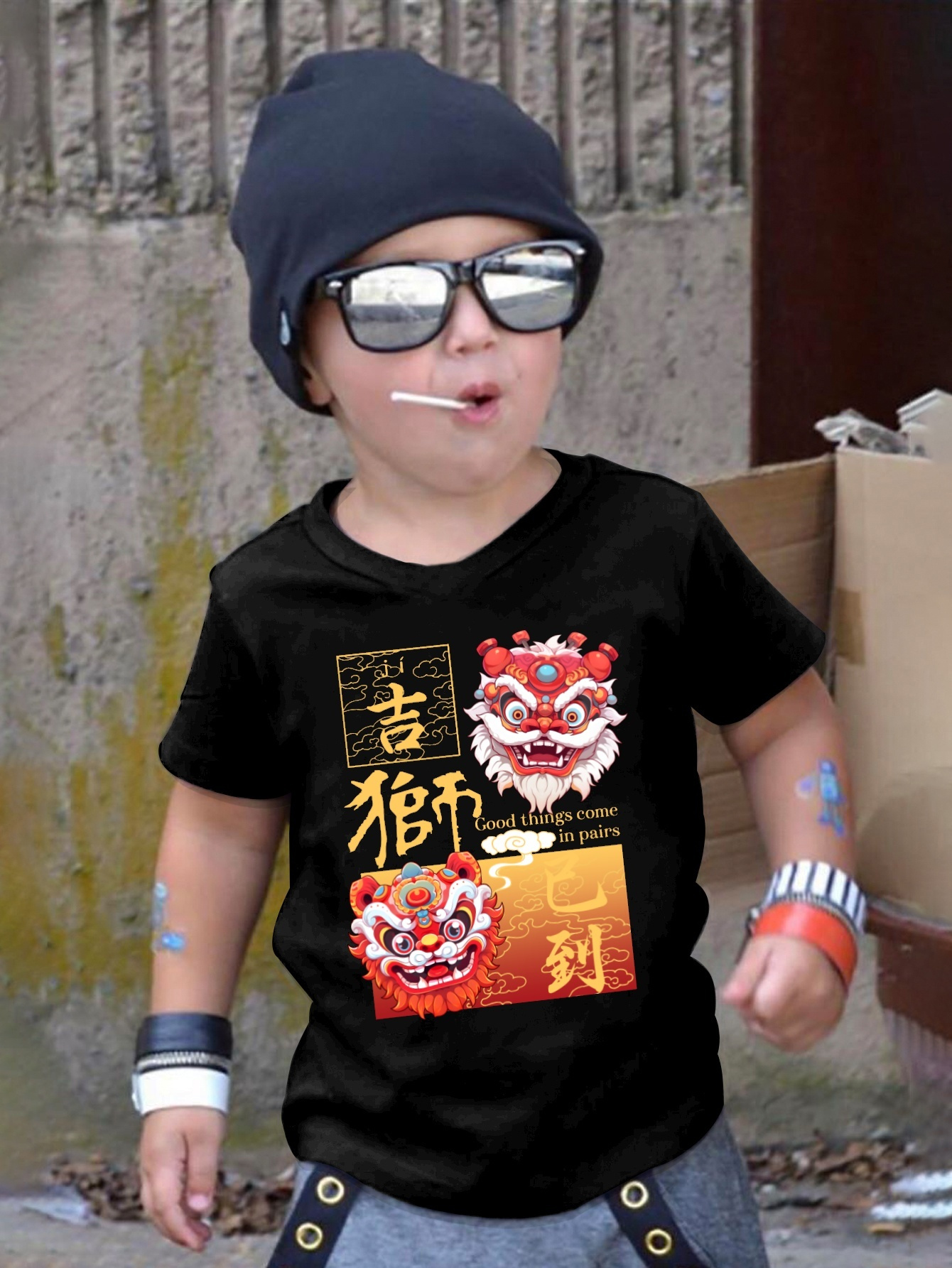 maglietta stampata cinesi e leone - Temu Italy, image size:800x1066