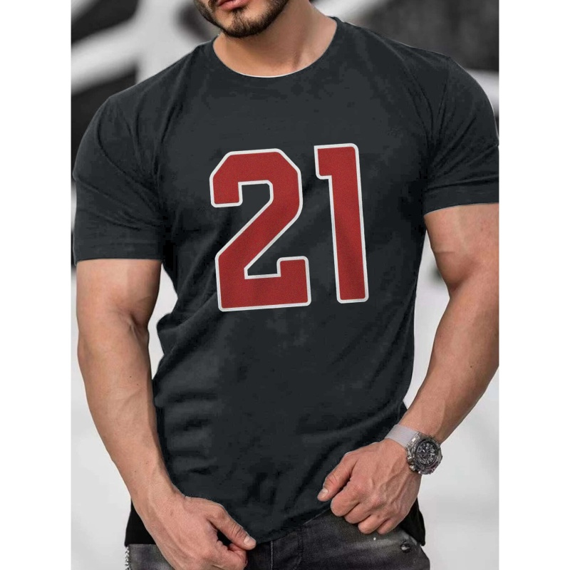 

Number 21 Print Men's All-match Short Sleeve Crew Neck T-shirt, Summer Outdoor