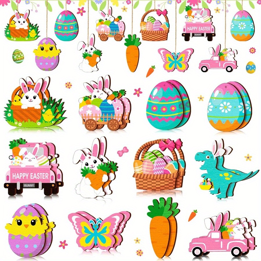 

12/36pcs Of Easter Wooden Decorations, Christmas Trees, Happy , Dwarves, Rabbits, Chicks, Hollowed Out Wooden Pendants, Spring Easter Wooden Decorations, Parties, Home And Classroom Decorations