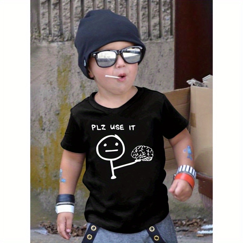 

Plz Use It Brain Print T-shirt For Kids, Casual Short Sleeve Top, Boy's Clothing