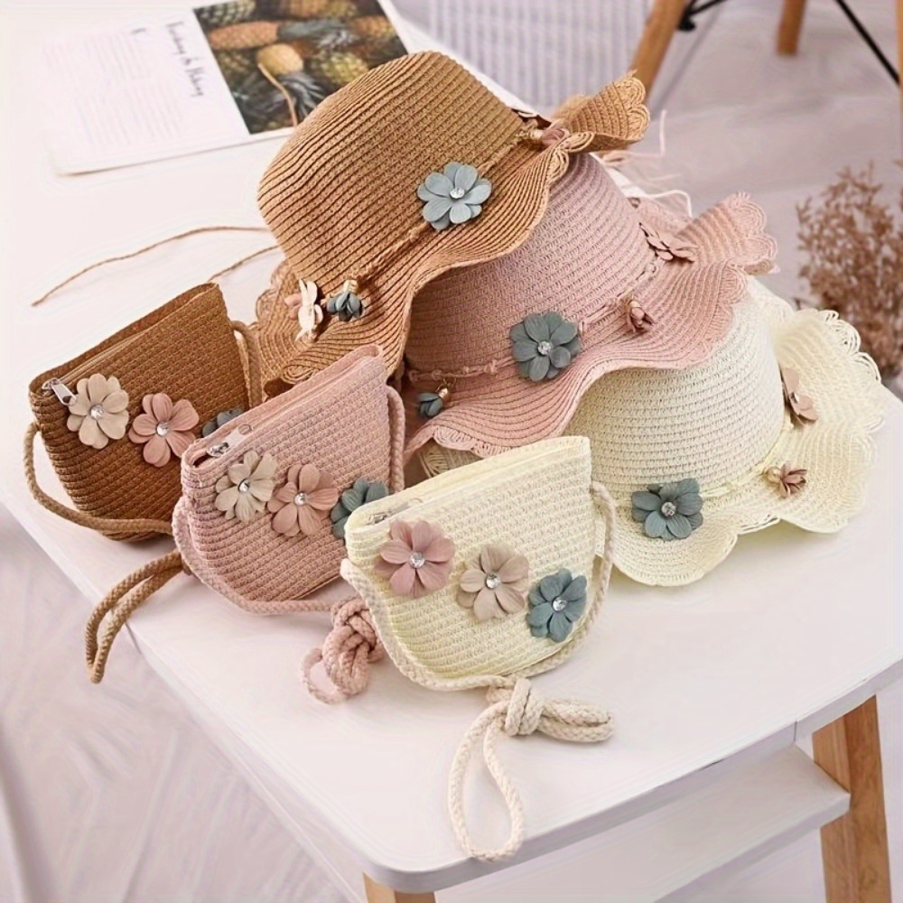 

2pcs Summer Children's Straw Hat & Girls' Fashion Small Shoulder Bag Set