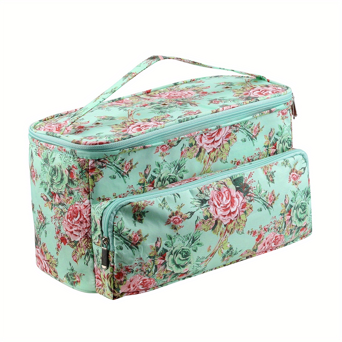 Green Peony Print Large Capacity Yarn Storage Bag - Multi-functional Knitting & Crochet Accessory Organizer With Sweater Needle And Fleece Compartments, Yarn Storage
