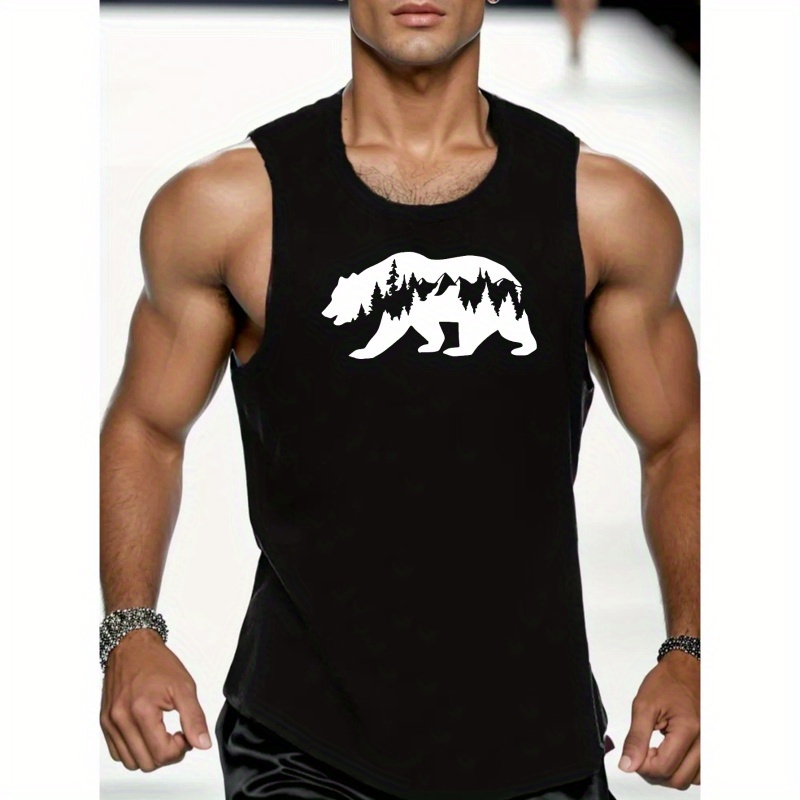 

Plus Size Bear Print Men's Sleeveless Tank Tops, Comfy Casual Breathable Tops For Men's Fitness Training, Jogging, Outdoor Activities