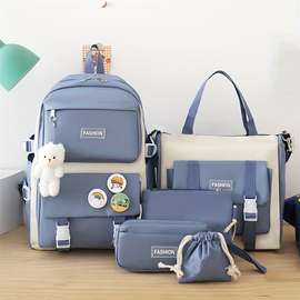 5pcs school bags set cute backpack with plush bear and badge coin purse pencil case handbag and crossbody bag