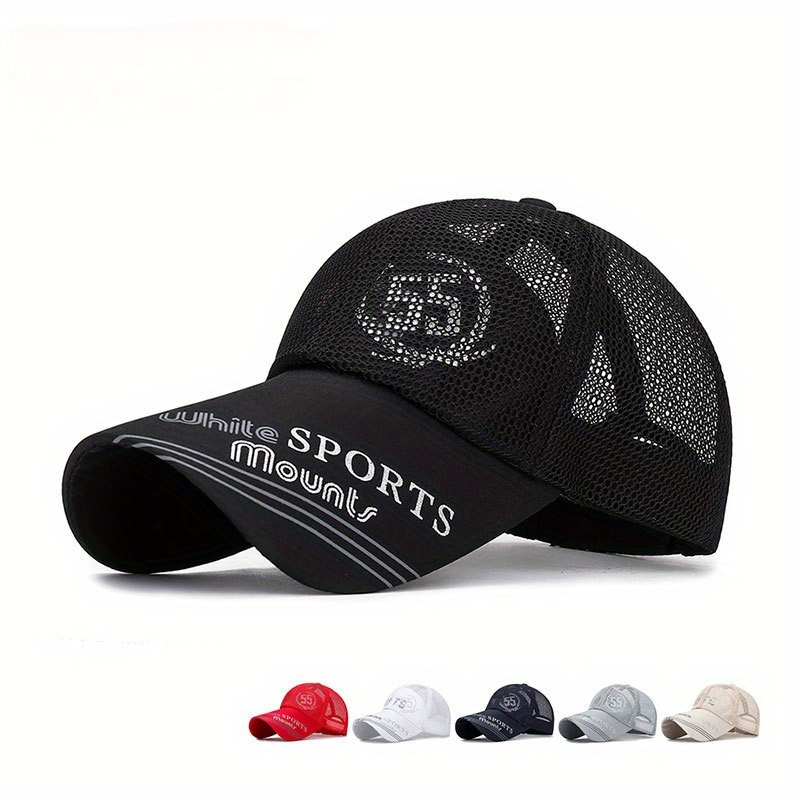

1pc Trendy Mesh Cap With Extended Brim For Summer, A Sun Hat For Men, Breathable And Sporty, Printed With Sports