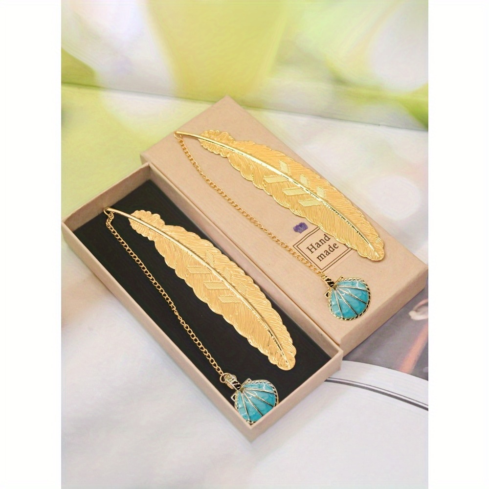 

1pc Brass Feather & Leaf Vein Bookmarks With Blue Shell Decoration