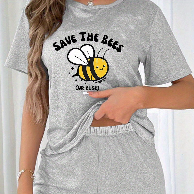 

Cute Cartoon Bee Print Pajama Set, Short Sleeve Crew Neck T-shirt Top & Elastic Shorts, Women's Sleepwear & Loungewear