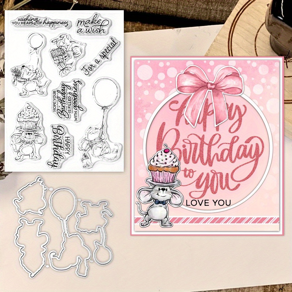 

Mangocraft Original Design Adorable Mouse And Cake Metal Cutting Dies Clear Stamp Happy Birthday Scrapbooking Decor Diy Cut Dies Valentine's Day Stamps For Card Eid Al-adha Mubarak