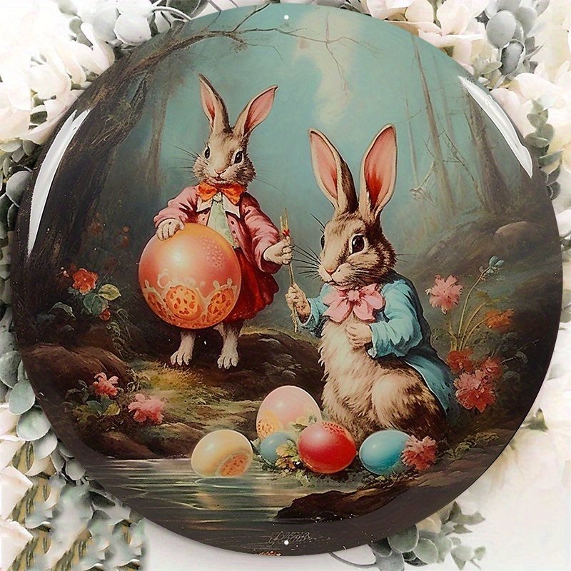

1pc 8x8inch Aluminum Metal Sign, Easter Rabbit, Easter Bunny Holding Eggs, Classic Rabbit Mural Painting, Tin Sign Decoration For Office Home