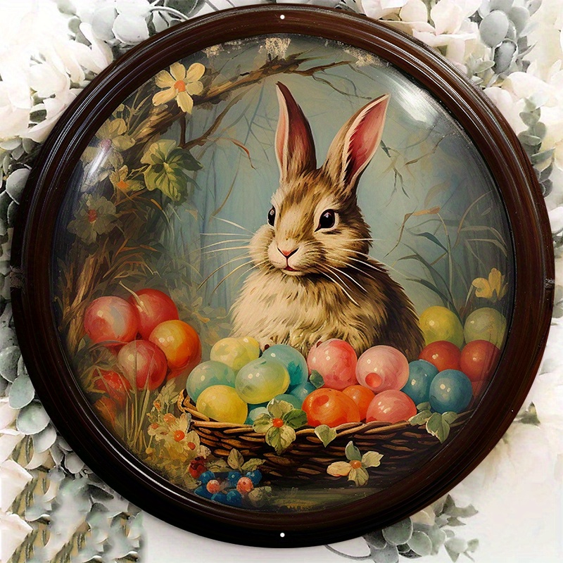 

1pc 8x8inch Aluminum Metal Sign Easter French Rabbit, Easter Bunny Holding Eggs, Classic Rabbit Mural Painting, Tin Sign For Office Home Dx