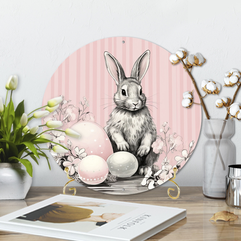 

1pc 8x8inch Aluminum Metal Sign Hoppy Easter Pink And Black Retro Style Easter Bunny Wreath Sign Choose Your Size Circle Wreath Center6555