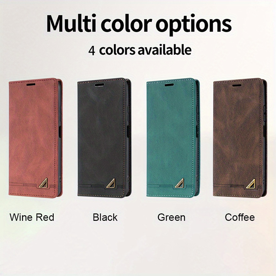 O husă de protecție realizată din piele sintetică, cu o fereastră pentru carduri, blocare RFID, un suport și un flip magnetic, proiectată pentru diverse modele Xiaomi, inclusiv Xiaomi 13T, Redmi 13C și altele.