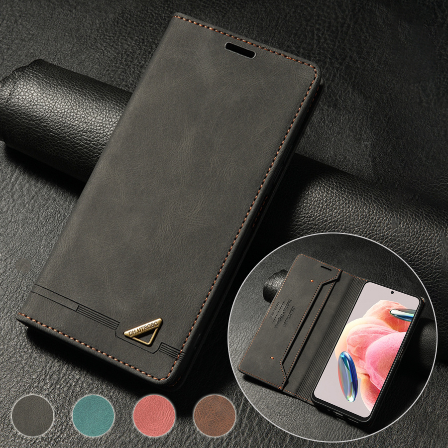 O husă de protecție realizată din piele sintetică, cu o fereastră pentru carduri, blocare RFID, un suport și un flip magnetic, proiectată pentru diverse modele Xiaomi, inclusiv Xiaomi 13T, Redmi 13C și altele.