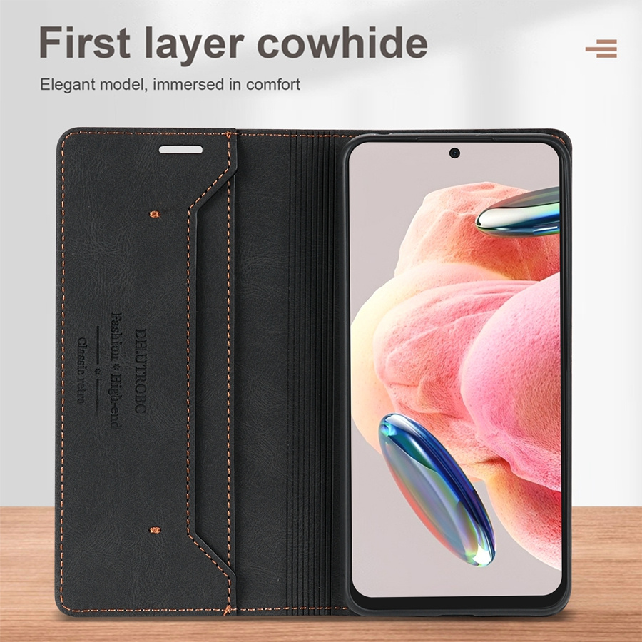 O husă de protecție realizată din piele sintetică, cu o fereastră pentru carduri, blocare RFID, un suport și un flip magnetic, proiectată pentru diverse modele Xiaomi, inclusiv Xiaomi 13T, Redmi 13C și altele.