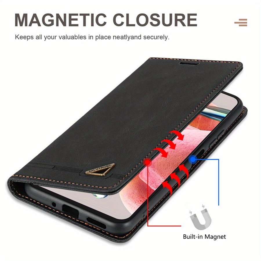O husă de protecție realizată din piele sintetică, cu o fereastră pentru carduri, blocare RFID, un suport și un flip magnetic, proiectată pentru diverse modele Xiaomi, inclusiv Xiaomi 13T, Redmi 13C și altele.