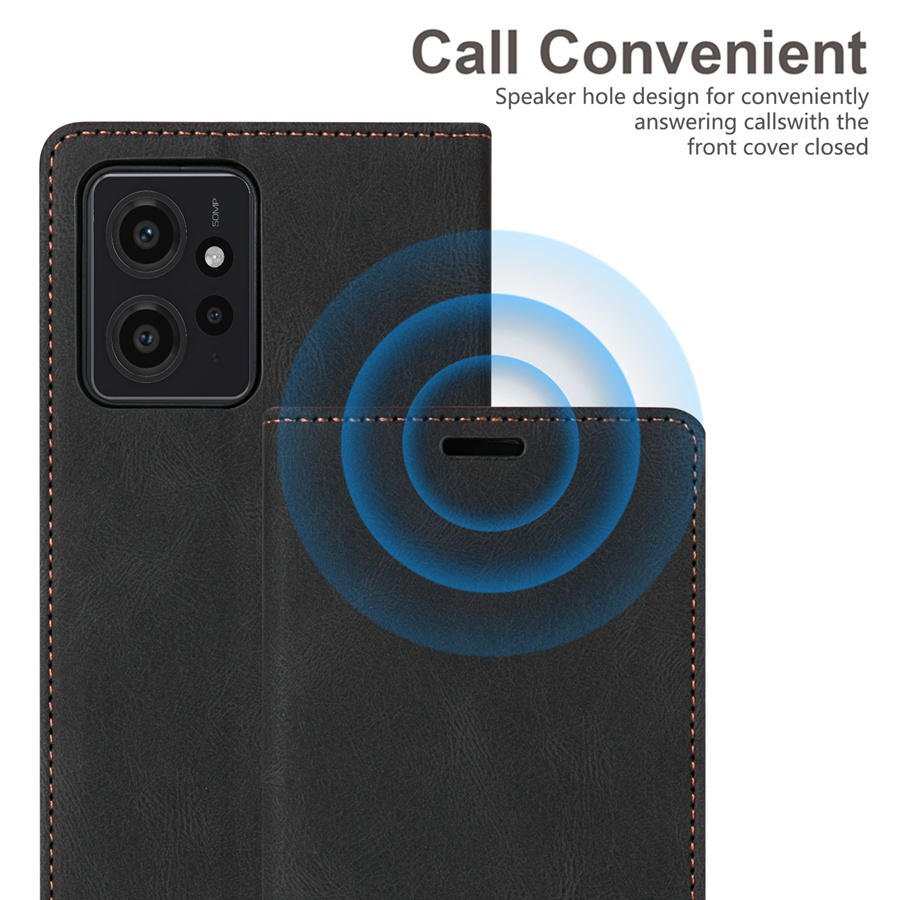 O husă de protecție realizată din piele sintetică, cu o fereastră pentru carduri, blocare RFID, un suport și un flip magnetic, proiectată pentru diverse modele Xiaomi, inclusiv Xiaomi 13T, Redmi 13C și altele.