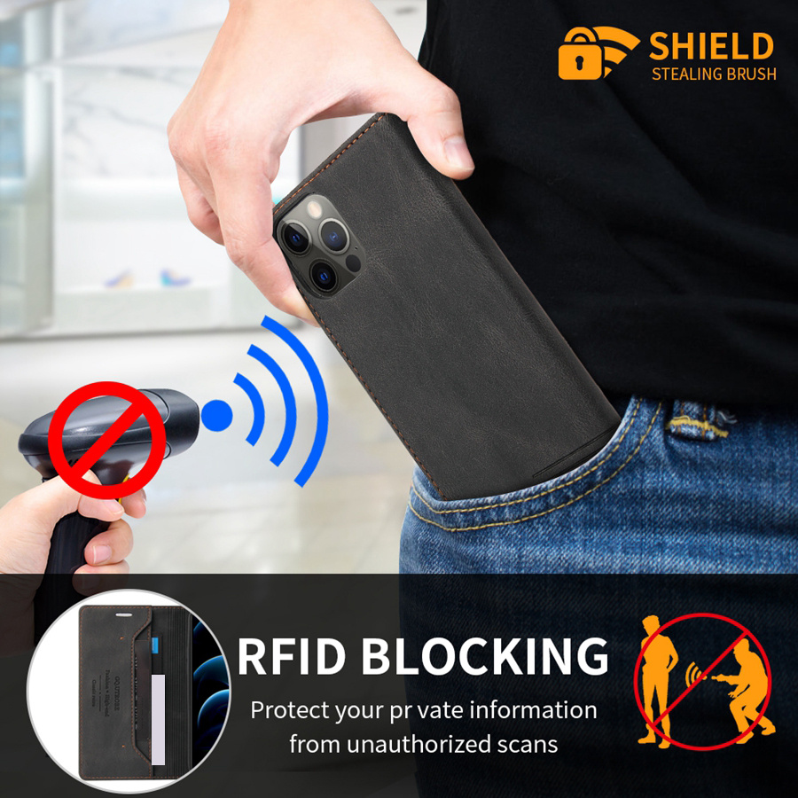 O husă de protecție realizată din piele sintetică, cu o fereastră pentru carduri, blocare RFID, un suport și un flip magnetic, proiectată pentru diverse modele Xiaomi, inclusiv Xiaomi 13T, Redmi 13C și altele.