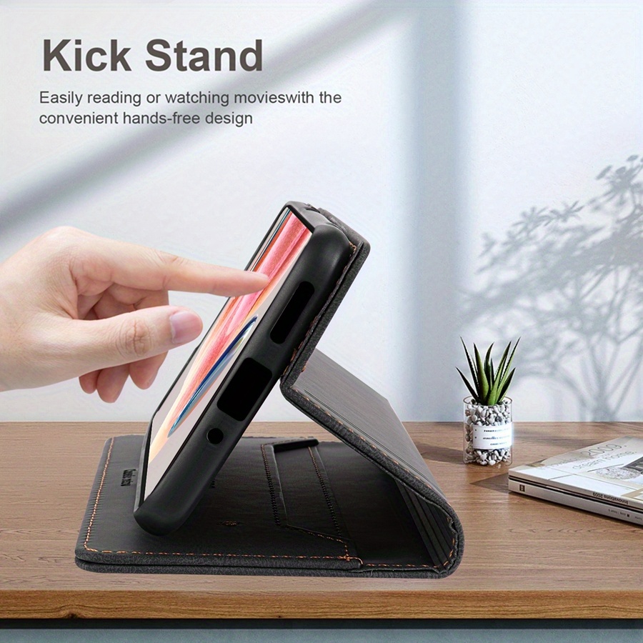 O husă de protecție realizată din piele sintetică, cu o fereastră pentru carduri, blocare RFID, un suport și un flip magnetic, proiectată pentru diverse modele Xiaomi, inclusiv Xiaomi 13T, Redmi 13C și altele.