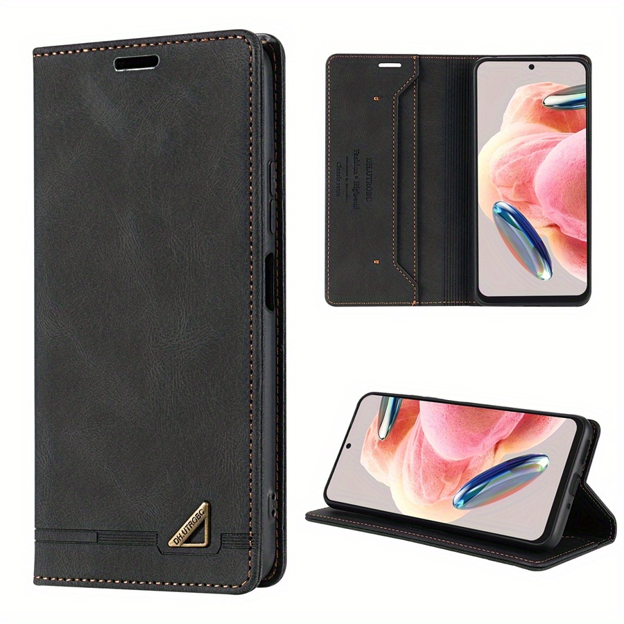 O husă de protecție realizată din piele sintetică, cu o fereastră pentru carduri, blocare RFID, un suport și un flip magnetic, proiectată pentru diverse modele Xiaomi, inclusiv Xiaomi 13T, Redmi 13C și altele.