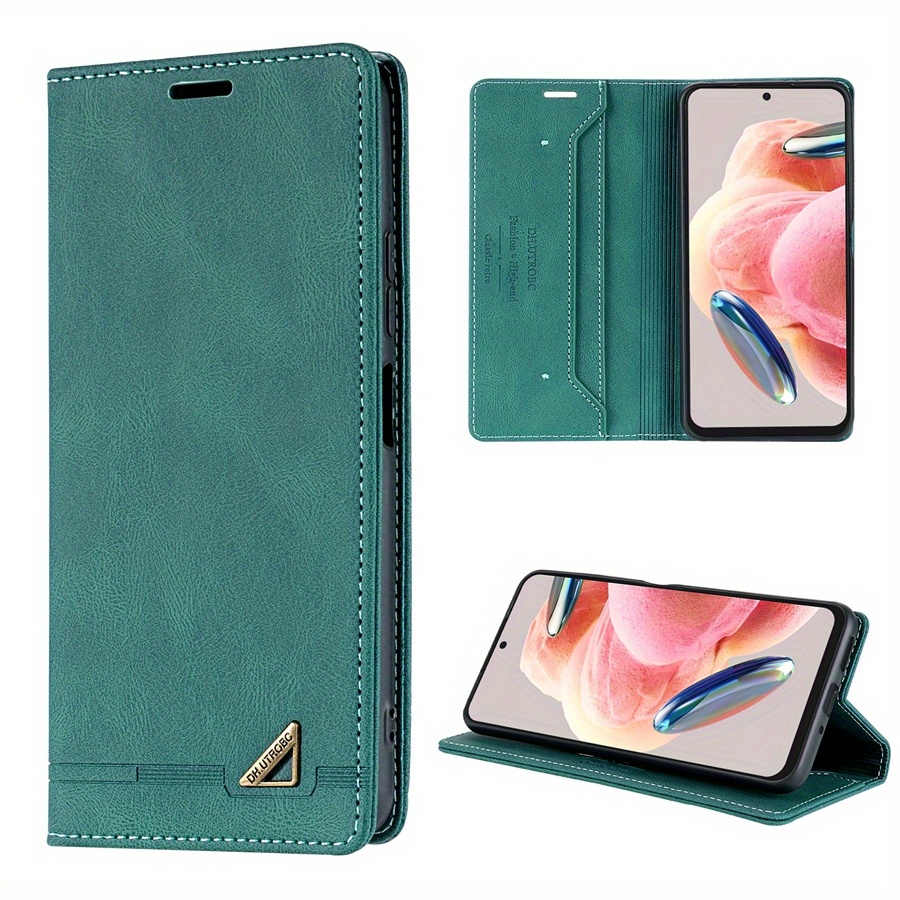 O husă de protecție realizată din piele sintetică, cu o fereastră pentru carduri, blocare RFID, un suport și un flip magnetic, proiectată pentru diverse modele Xiaomi, inclusiv Xiaomi 13T, Redmi 13C și altele.